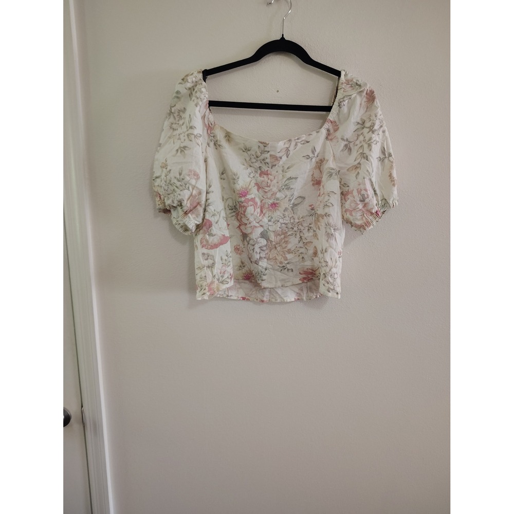 HM‎ Floral Linen Blend Puff Sleeve Blouse Sweetheart Neck Cream Pink Large NWT